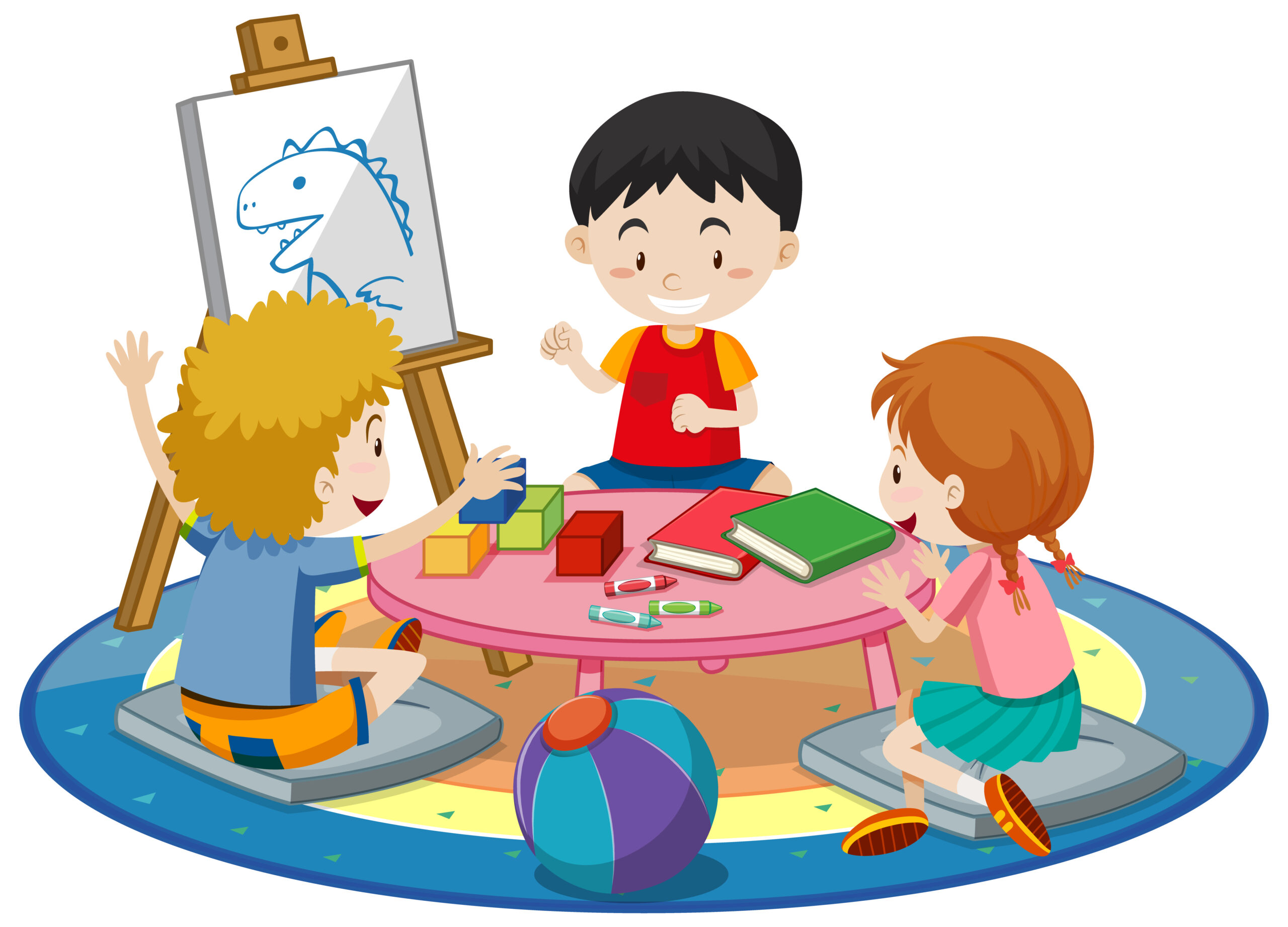 Students with kindergarten room elements on white background illustration