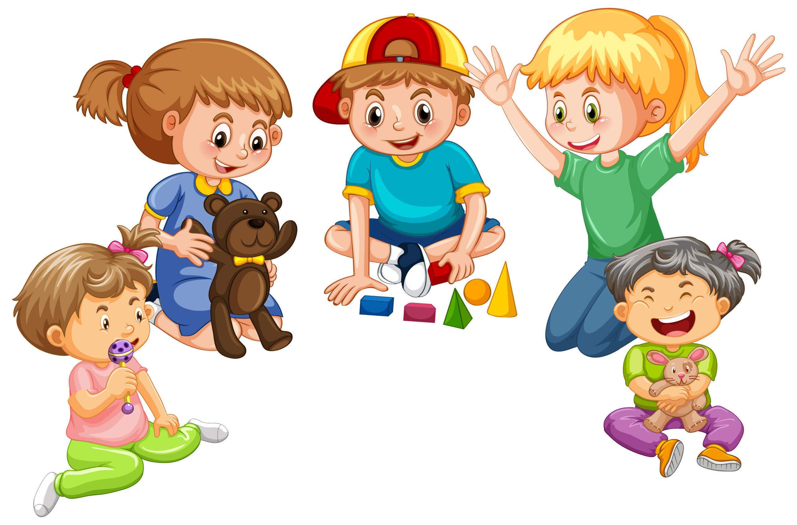 Happy children playing toy on white background illustration
