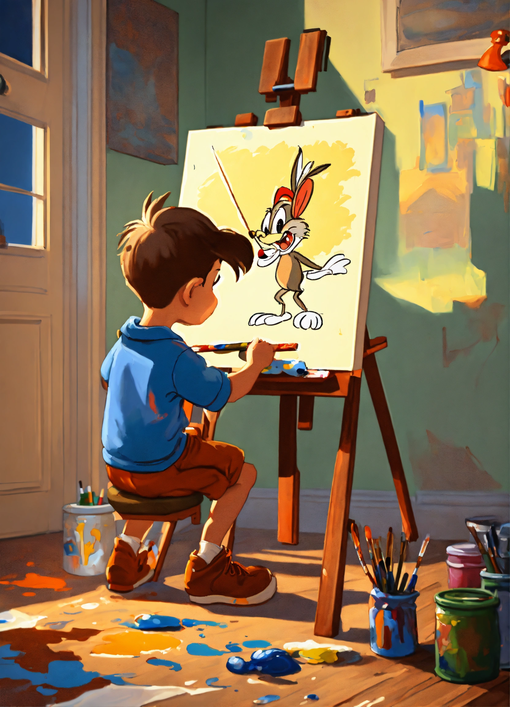 A boy painting on a canvas in his room