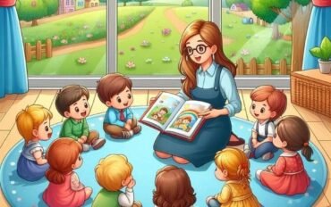 Teacher reading a storybook to children as part of a preschool syllabus activity in a classroom setting.