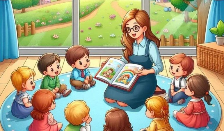 Teacher reading a storybook to children as part of a preschool syllabus activity in a classroom setting.