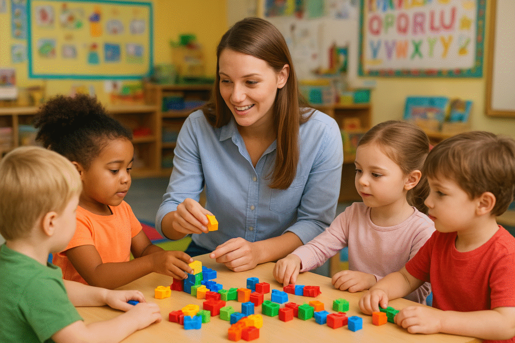 A preschool teacher helping young children build with colorful blocks inside a bright and engaging preschool classroom.