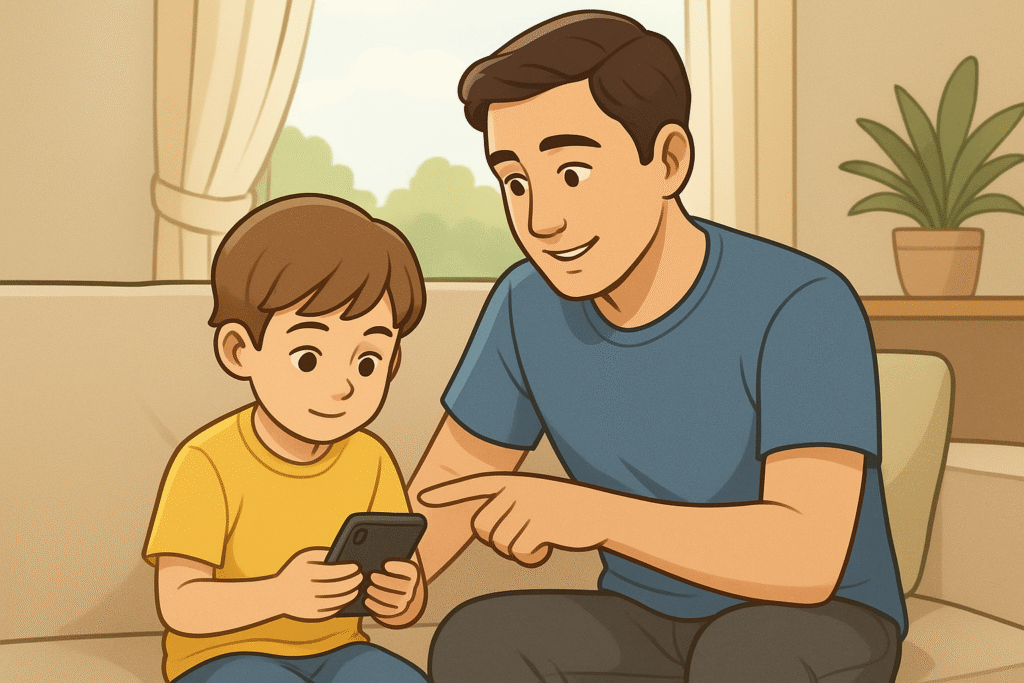 Smartphone Addiction in Kids a parent gently guides them toward healthier screen habits in a calm home environment.