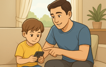 Smartphone Addiction in Kids a parent gently guides them toward healthier screen habits in a calm home environment.