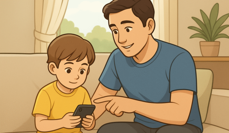 Smartphone Addiction in Kids a parent gently guides them toward healthier screen habits in a calm home environment.