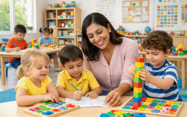 Children learning in LKG and Preschool classroom with teacher guidance