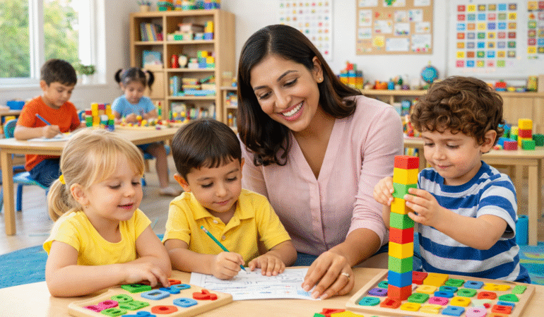 Children learning in LKG and Preschool classroom with teacher guidance
