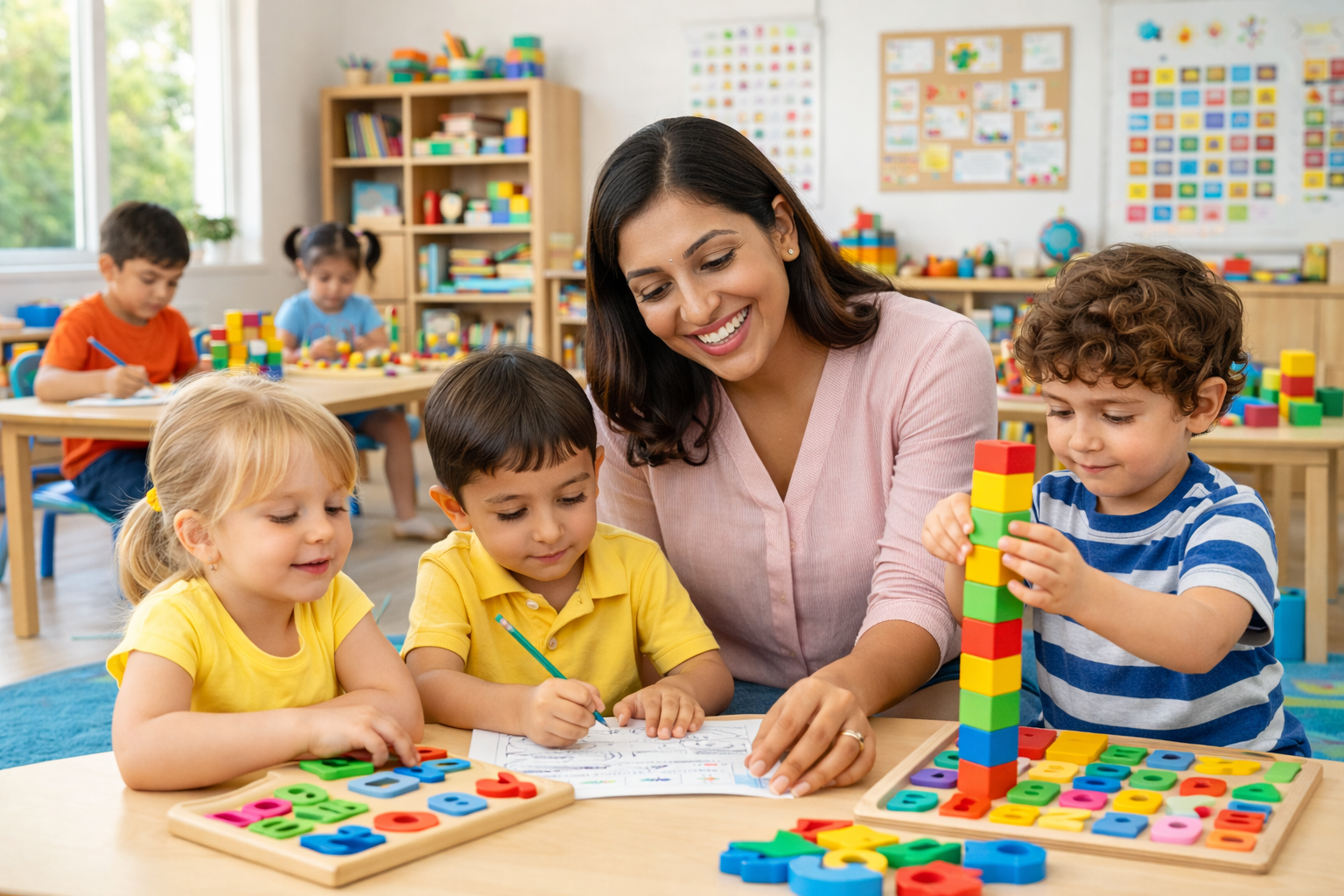 Children learning in LKG and Preschool classroom with teacher guidance