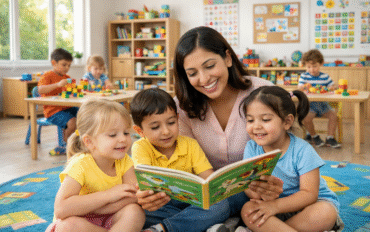Preschool teachers guiding young children during learning activities in a classroom