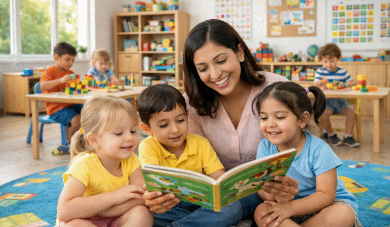 Preschool teachers guiding young children during learning activities in a classroom