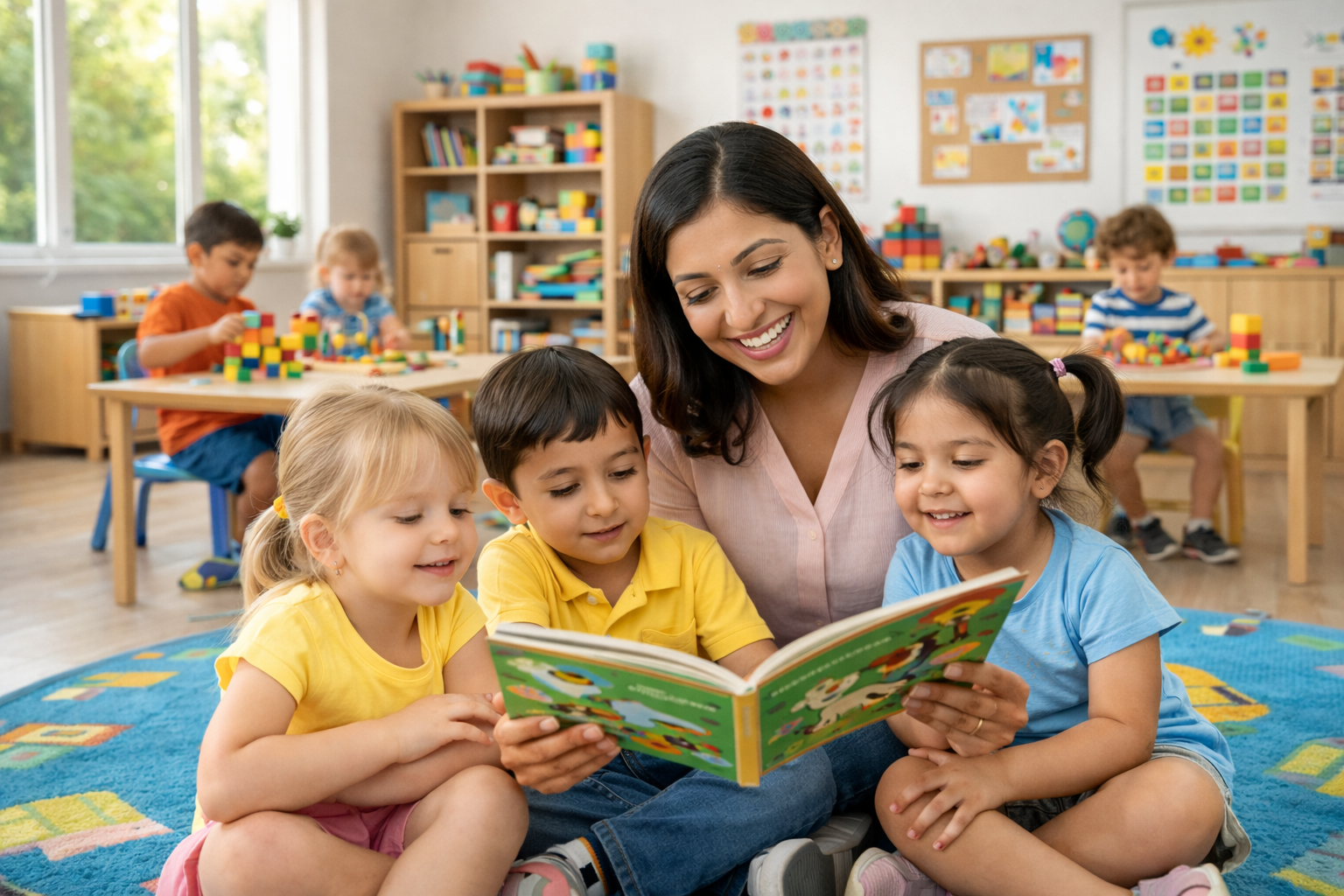 Preschool teachers guiding young children during learning activities in a classroom