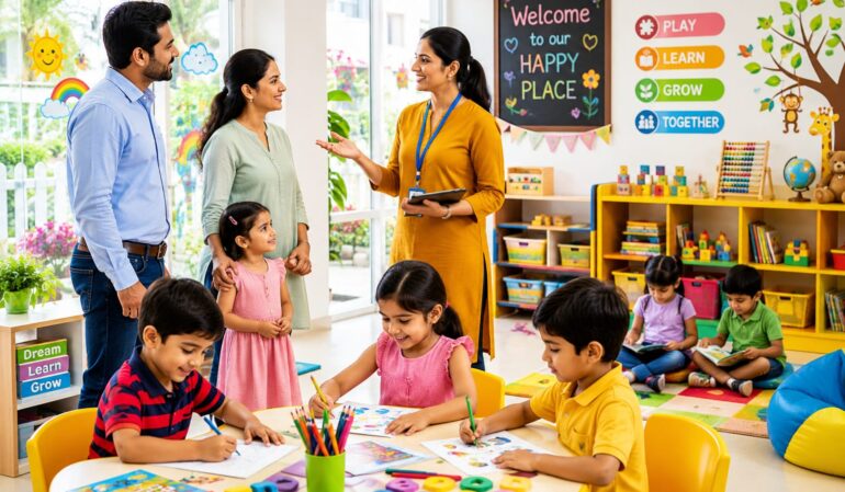 Parents touring a preschool classroom while learning about enrolling in preschool and early childhood education