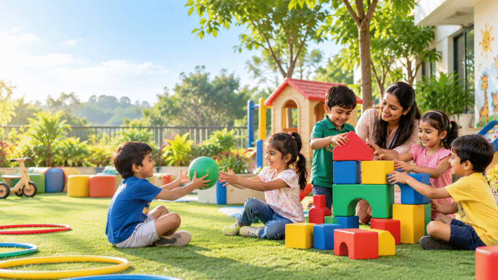 Children developing social skills through cooperative play and group activities in preschool