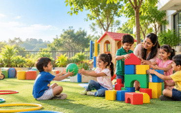 Children developing social skills through cooperative play and group activities in preschool