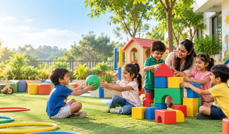 Children developing social skills through cooperative play and group activities in preschool