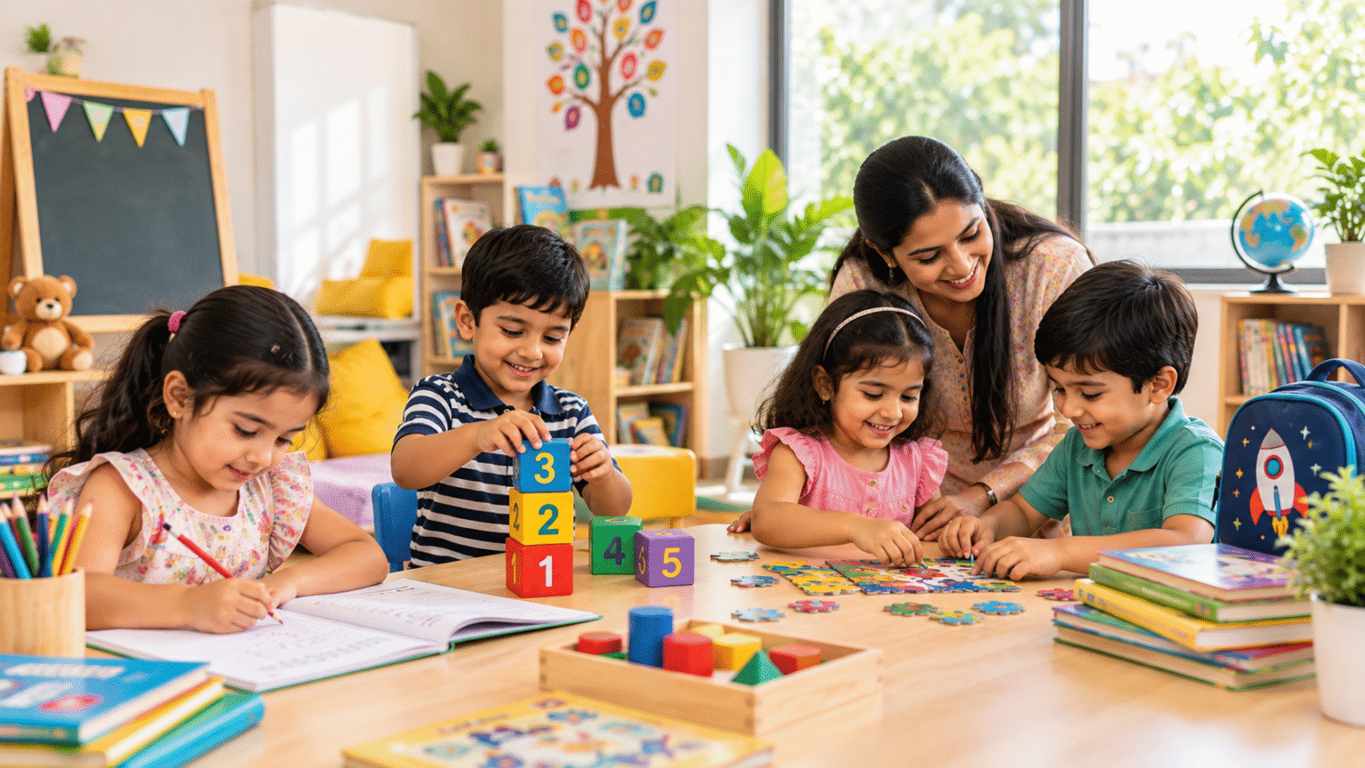 Children developing school readiness skills through preschool learning activities