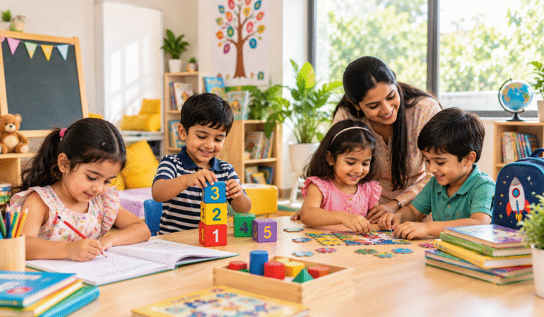 Children developing school readiness skills through preschool learning activities