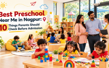 Parents visiting a modern preschool while comparing the best preschool near me in Nagpur
