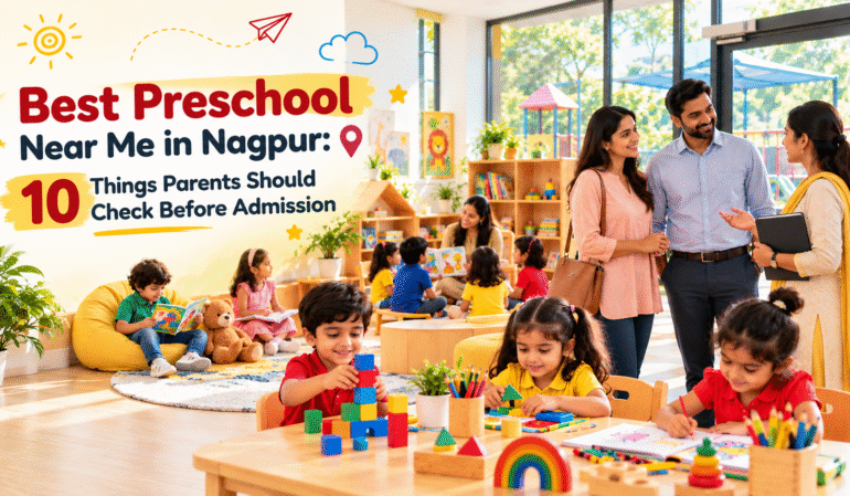 Parents visiting a modern preschool while comparing the best preschool near me in Nagpur