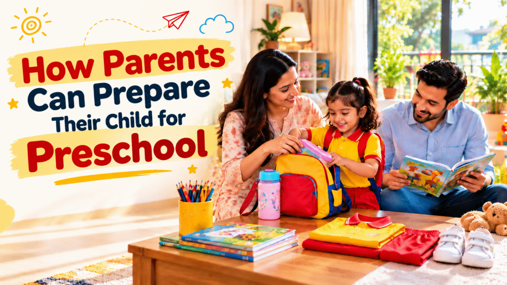 Indian parents helping their young child prepare a school bag for the first day of preschool.