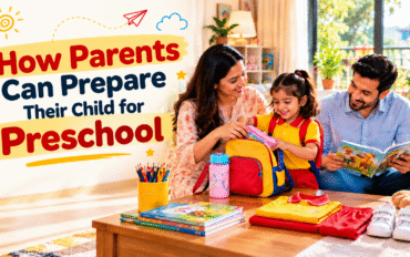 Indian parents helping their young child prepare a school bag for the first day of preschool.