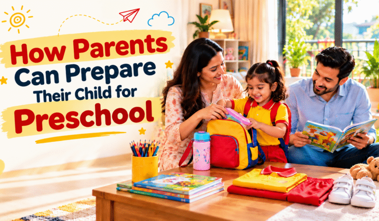 Indian parents helping their young child prepare a school bag for the first day of preschool.